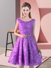 Fashion Knee Length Lace Up Dress for Prom Lavender for Prom and Party with Belt