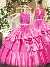 Floor Length Zipper Sweet 16 Quinceanera Dress Rose Pink for Military Ball and Sweet 16 and Quinceanera with Beading and Ruffled Layers