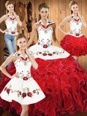 Customized White And Red Ball Gowns Halter Top Sleeveless Satin and Organza Floor Length Lace Up Embroidery and Ruffles Sweet 16 Quinceanera Dress