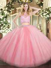 Vintage Baby Pink Two Pieces Tulle Scoop Sleeveless Beading Floor Length Zipper Quinceanera Gown