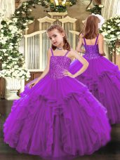 Custom Designed Purple Organza Lace Up Little Girls Pageant Gowns Sleeveless Floor Length Beading and Ruffles