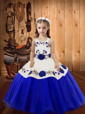 Sweet Sleeveless Organza Floor Length Lace Up Kids Formal Wear in Blue with Embroidery