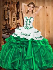 Green Sleeveless Floor Length Embroidery and Ruffles Lace Up Quince Ball Gowns
