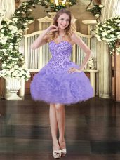 Inexpensive Sweetheart Sleeveless Dress for Prom Mini Length Appliques and Ruffles and Pick Ups Lavender Organza