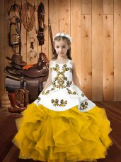 Sleeveless Organza Floor Length Lace Up Pageant Gowns For Girls in Gold with Embroidery and Ruffles