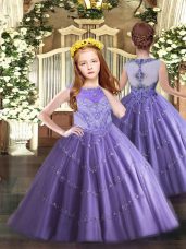 Most Popular Lavender Little Girls Pageant Dress Party and Quinceanera with Beading and Appliques Scoop Sleeveless Zipper