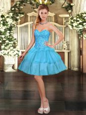 Cheap Mini Length Lace Up Prom Party Dress Aqua Blue for Prom and Party with Beading and Ruffled Layers