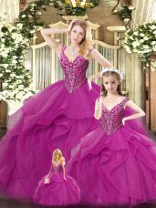Luxury Fuchsia Straps Neckline Beading and Ruffles Quince Ball Gowns Sleeveless Lace Up