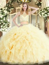Sexy Light Yellow Zipper Scoop Beading and Ruffles Quinceanera Dresses Tulle Sleeveless