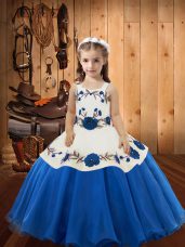 Sleeveless Organza Floor Length Lace Up Party Dresses in Blue with Embroidery