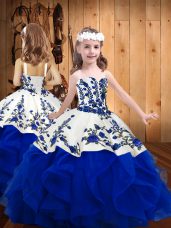 High Class Royal Blue Ball Gowns Organza Straps Sleeveless Embroidery and Ruffles Floor Length Lace Up Little Girls Pageant Dress