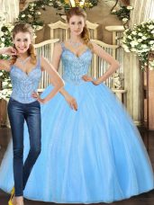 Baby Blue Two Pieces Tulle Straps Sleeveless Beading Floor Length Lace Up Quinceanera Dresses