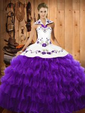 Purple Lace Up Halter Top Embroidery and Ruffled Layers Vestidos de Quinceanera Organza Sleeveless