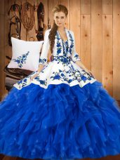 Simple Sleeveless Satin and Organza Floor Length Lace Up Quinceanera Gown in Blue with Ruffles