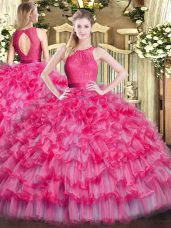 Decent Hot Pink Organza Zipper Quinceanera Dresses Sleeveless Floor Length Lace and Ruffled Layers
