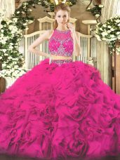 Attractive Fuchsia Zipper Scoop Beading Ball Gown Prom Dress Fabric With Rolling Flowers Sleeveless