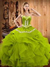 Olive Green Sweetheart Neckline Embroidery and Ruffles 15th Birthday Dress Sleeveless Lace Up