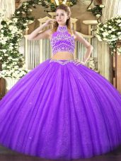 Exquisite Lavender High-neck Backless Beading Quinceanera Gowns Sleeveless