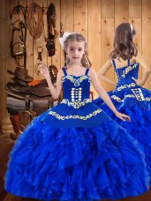 Top Selling Royal Blue Straps Lace Up Embroidery and Ruffles Child Pageant Dress Sleeveless