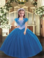 Custom Design Floor Length Lace Up Party Dress Blue for Party and Sweet 16 and Quinceanera and Wedding Party with Beading