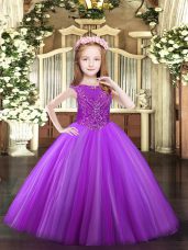 Cheap Lavender Ball Gowns Tulle Scoop Sleeveless Beading Floor Length Zipper Little Girls Pageant Gowns