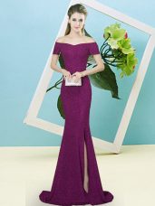Sumptuous Off The Shoulder Short Sleeves Sweep Train Zipper Prom Evening Gown Purple Sequined