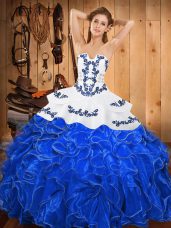 Graceful Blue And White Satin and Organza Lace Up Sweet 16 Quinceanera Dress Sleeveless Floor Length Embroidery and Ruffles