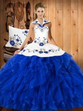 Perfect Blue And White Sleeveless Embroidery and Ruffles Floor Length Quinceanera Gown