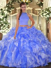 Enchanting Sleeveless Floor Length Beading and Ruffles Backless Ball Gown Prom Dress with Blue