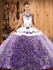 Multi-color Fabric With Rolling Flowers Lace Up Halter Top Sleeveless Sweet 16 Dresses Sweep Train Embroidery