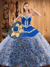 Sweetheart Sleeveless Sweep Train Lace Up Ball Gown Prom Dress Multi-color Satin and Fabric With Rolling Flowers