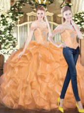 Elegant Orange Red Quince Ball Gowns Military Ball and Sweet 16 and Quinceanera with Beading and Ruffles Off The Shoulder Sleeveless Lace Up