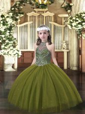 Olive Green Tulle Lace Up Little Girl Pageant Dress Sleeveless Floor Length Beading