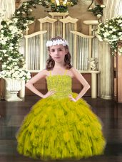 Eye-catching Beading and Ruffles Juniors Party Dress Olive Green Lace Up Sleeveless Floor Length