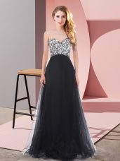 Admirable Sleeveless Floor Length Beading Lace Up Bridesmaids Dress with Black