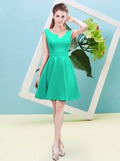 High Quality Turquoise Satin Zipper Dama Dress Sleeveless Mini Length Ruching