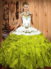 Fabulous Olive Green Halter Top Lace Up Embroidery and Ruffles Sweet 16 Quinceanera Dress Sleeveless