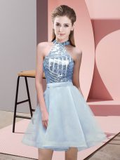 Perfect Sleeveless Chiffon Mini Length Backless Bridesmaids Dress in Light Blue with Sequins