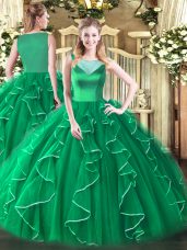 Floor Length Turquoise 15 Quinceanera Dress Tulle Sleeveless Beading and Ruffles