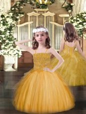 Cheap Tulle Spaghetti Straps Sleeveless Lace Up Beading and Ruffles Party Dress Wholesale in Gold