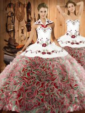Fashion Multi-color Lace Up Halter Top Embroidery Sweet 16 Quinceanera Dress Fabric With Rolling Flowers Sleeveless Sweep Train