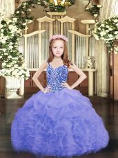 Blue Spaghetti Straps Neckline Beading and Ruffles and Pick Ups Little Girls Pageant Gowns Sleeveless Lace Up