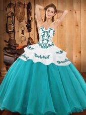 Designer Floor Length Teal 15th Birthday Dress Satin and Organza Sleeveless Embroidery