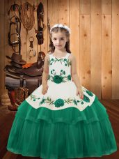 Turquoise Straps Lace Up Embroidery and Ruffled Layers Girls Pageant Dresses Sleeveless