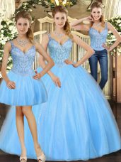 Noble Baby Blue Lace Up 15th Birthday Dress Beading Sleeveless Floor Length
