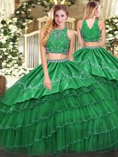 Captivating Green Zipper High-neck Beading and Embroidery and Ruffled Layers Quinceanera Dress Tulle Sleeveless