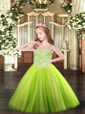 Sweet Sleeveless Floor Length Appliques Lace Up Little Girl Pageant Gowns with Yellow Green