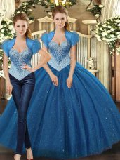 Sexy Floor Length Lace Up Sweet 16 Dresses Teal for Military Ball and Sweet 16 and Quinceanera with Beading