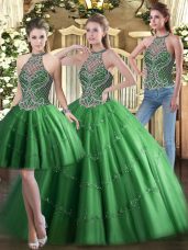 Tulle High-neck Sleeveless Lace Up Beading Quinceanera Dresses in Green