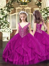 Custom Design Tulle V-neck Sleeveless Lace Up Beading and Ruffles Little Girls Pageant Gowns in Fuchsia
